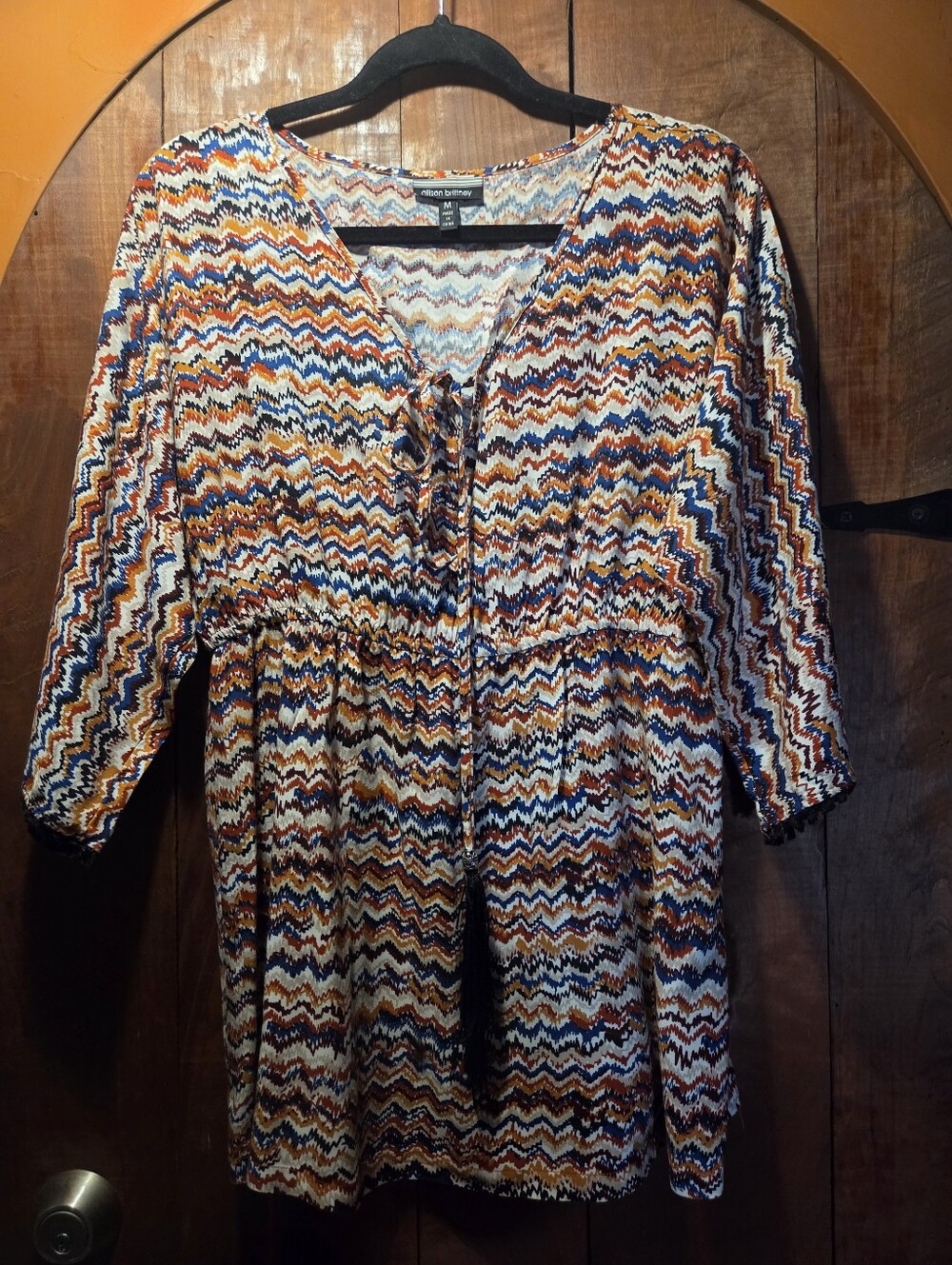 Allison Brittney Multi-Color Zigzag Tie-Front Peasant Tunic